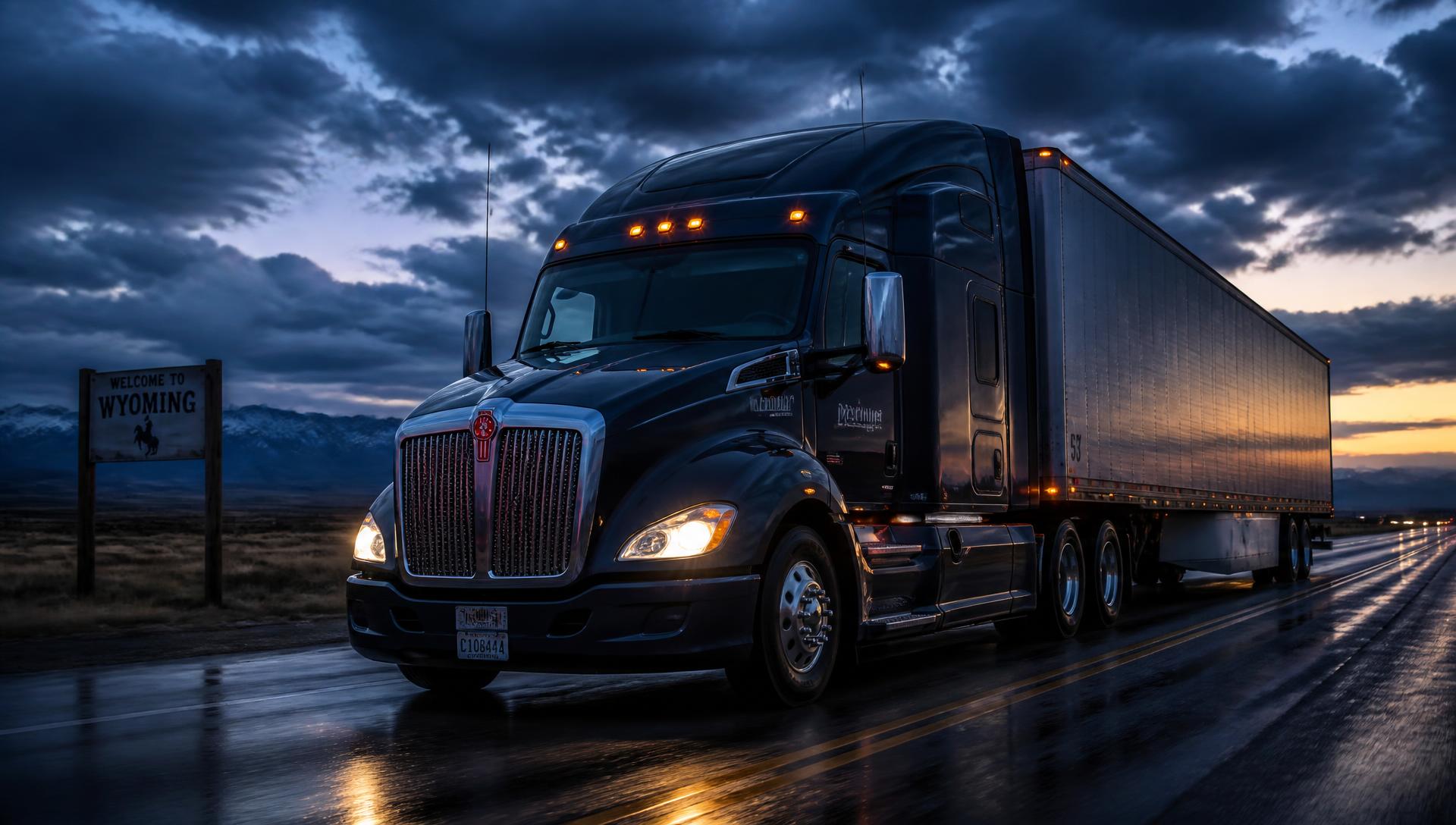 Dark navy semi truck with a dry van trailer on a Wyoming highway at dusk